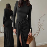 Plataz And Winter Fashion Sexy High Open Fork Strap Bag Hip Dress New Hottie High-Collar Dress