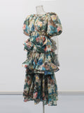 Plataz Retro Court Dress 2025 Summer New Multi-Layer Lotus Side Bubble Sleeve Print Dress Dress Woman