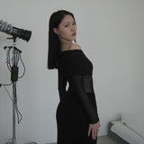 Plataz Autumn Famous Style Temperament Sexy Body Shoulder Mesh Stitching Dress Woman DJPT