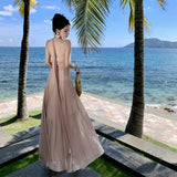 Plataz Fragmented Hanging Neck Dress Spring And Summer Holiday Wind Pure Lusty Folding V-Neck Net Yarn Long Dress Girl