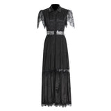 Plataz Black Rose Lace Stitched 2025 New Women's Summer Collar Short-Sleeved Long Solid Dress