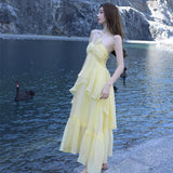 Plataz New Niche Design High-End Tea Break French Seaside Holiday Yellow Hanging Neck Dress