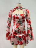 Plataz Dress Hollow Sexy Floral Dress Print Collar Cheongsam Dress