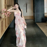 Plataz Flower And Haffin Dress Summer Temperament High-End Feeling Waist-Scared Slings Long Skirts