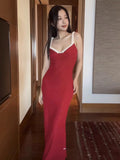 Plataz Shuxin's French Elegant Temperament V Collar Lace Tight Long Red Sling Dress Woman 2025