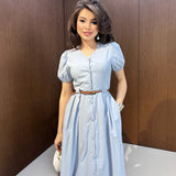 Plataz Solid-Color V-Neck Short-Sleeved Multi-Button Belt Casual Dress In Autumn 2025