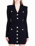 Plataz Autumn And Winter Pa Family Fashion Famous Woman Goddess Metal Buckle V-Neck Black Thin Knitted Dress