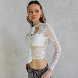 Plataz Women's 2024 Summer New Solid Color Lace Long Sleeve Strap Hollow Sexy Top DJPT