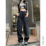 Plataz Kong Style Retro Big Pocket Workwear Jeans Women's Spring And Autumn Tide Straight Loose Hanging Wide Leg Trousers DJPT