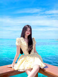 Plataz Short Dress Pure Vietnamese Niche Dress Yellow Broken Flower Deep V Print Holiday Thorny Skirt