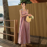 Plataz New Thai Sanya Beach Holiday Loose Retro Lattice Long Hanging Neck Tset Dress Summer