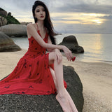 Plataz Dress Red Long V-Neck Hanging Neck Sling Dress Female Summer French Temperament Party Dress