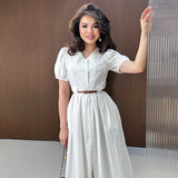 Plataz Solid-Color V-Neck Short-Sleeved Multi-Button Belt Casual Dress In Autumn 2025