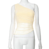 Plataz Women's Summer 2024 New Solid Color Asymmetric Mesh Perspective T-Up DJPT