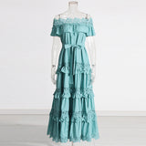 Plataz Court Style 2025 New Heavy Industry Lotus Leaf Side Shoulder Shoulder Lace Dress Solid Color Dress Woman