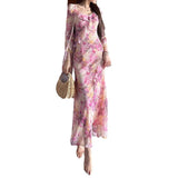 Plataz Holiday Fairy Pink Broken Flower Dress Design Feeling Lotus Leaf Side Flowing Long Dress 2024 New Model