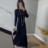 Plataz Sexy Fashion Round Collar Folds To The Waist To Repair The Solid Color Temperament Dress