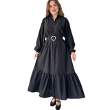 Plataz 2025 New Solid Color POLO Collar Long Sleeve Multi-Button Belt Dress