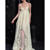 Plataz Design Lace Splicing Dress 2024 New Fashion V-Neck Braeed Sling Skirt