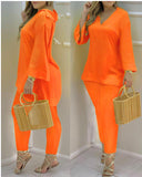 Plataz Explosion Color New Plain Horn Sleeve V Collar Top And Trousers Fashion Lady Set DJPT
