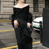 Plataz Zhao Sanguan 2024 New One-Word Shoulder Elastic Wrinkled Top Elegant Long-Sleeved T-Shirt