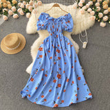 Plataz Fresh French-Style Vintage Fairy Slimy Floral Dress High Waist Drawstring Pressure Folded Waist Thin Swollen Dress DJPT