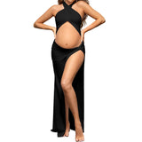Plataz Pregnant Woman Photo-Dragging Cross-Collar Fork Sexy Open Umbilked Solid Color Thin Dress Maternity