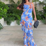 Plataz Women's Summer Sling V Tie Floral Skirt High Waist Slim Thin Lotus Leaf Dress