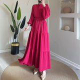 Plataz Women's Autumn Round-Neck Long-Sleeved Single Buckle High-Waisted Splicing Dress