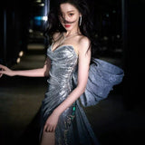 Plataz Evening Dress Silver Lily Toasting Female Feeling Open Fork Niche High-End Light Luxury Annual Host