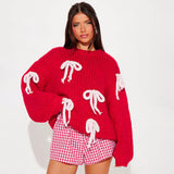 Plataz Women's Autumn And Winter Bump Color Bow Decoration Loose Sweater DJPT