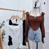 Plataz Girls Shoulder-Hanging Neck With Long-Sleeved Slings With Smear Wooden Ear-Deared Shirt Short With Chest Cushion Top DJPT
