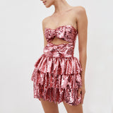 Plataz Party Dress Hollow Folded Dress Pink Bow Square Brighten Breast Skirt