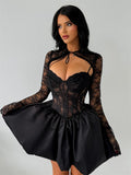 Plataz Autumn And Winter Series Lead Lace Long-Sleeved Black Lace Shoulder-Puff Mini Dress Beauty