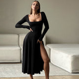 Plataz Autumn 2025 New Fashion Style Sexy Temperament Collared Fork Long-Sleeved Dress Woman DJPT