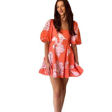 Plataz 2025 New Solid Color Square Collar Short Sleeve Graffiti Zipper Casual Dress