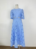 Plataz Spring And Summer Embroidery Hollow Round Horn Short Top + Holiday Water-Soluble Lace Skirt Dress Suit