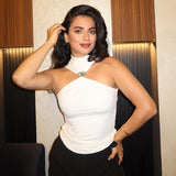 Plataz Women's Solid Color Hanging Neck Sleeveless Metal Ring High-Neck Short-Sleeved Vest DJPT