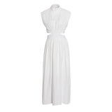 Plataz Leisure Dress 2025 Summer New Simple Style Collar Sleeveless Hollow Design Solid Female Dress
