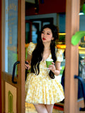 Plataz Short Dress Pure Vietnamese Niche Dress Yellow Broken Flower Deep V Print Holiday Thorny Skirt