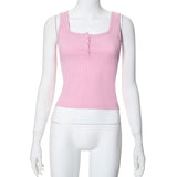 Plataz Women's 2024 Summer New Square Necker Sling Bottom Solid Color Button Top DJPT