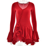Plataz New Hot Horn Sleeves To Close The Waist Short Dress Sexy Hottie Single Buckle Dress Woman HZ0628
