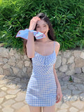 Plataz Mengling With A Sweet Blue Checkerge Dress 2025 Retro Square Collar Sexy Body Dress