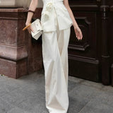 Plataz Sanguan White Rose Set 2024 New Single-Breasted Breast-Wear Flower Top High-Waisted Broad Leg Trousers