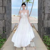 Plataz Travel Photography Dress Seaside Holiday White Dress Women 2024 Summer Dress Design Clending Waist Sling Skirt