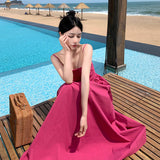 Plataz Holiday Summer French Rose Red Sling Corset Dress High-End Waist Big Skirt Beach Dress