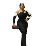 Plataz Hollow Oblique Shoulder Three-Dimensional Flower Long Sleeve Banded Dress Party Dinner Dress Dress