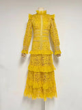 Plataz Autumn New Retro Style Lace Lace Splicing Long Dress Design Hollow Waist Dress