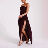 Plataz Sling With Slanted Shoulder Folded Open Fork A Plain Shoulder Dress Solid-Colored Long Dress Women's Dress HZ0628
