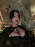 Plataz Autumn And Winter Series Lead Lace Long-Sleeved Black Lace Shoulder-Puff Mini Dress Beauty
